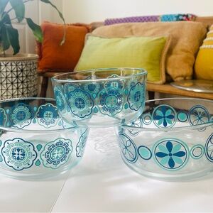 Set of Three Blue Patterned Glass Bowls
